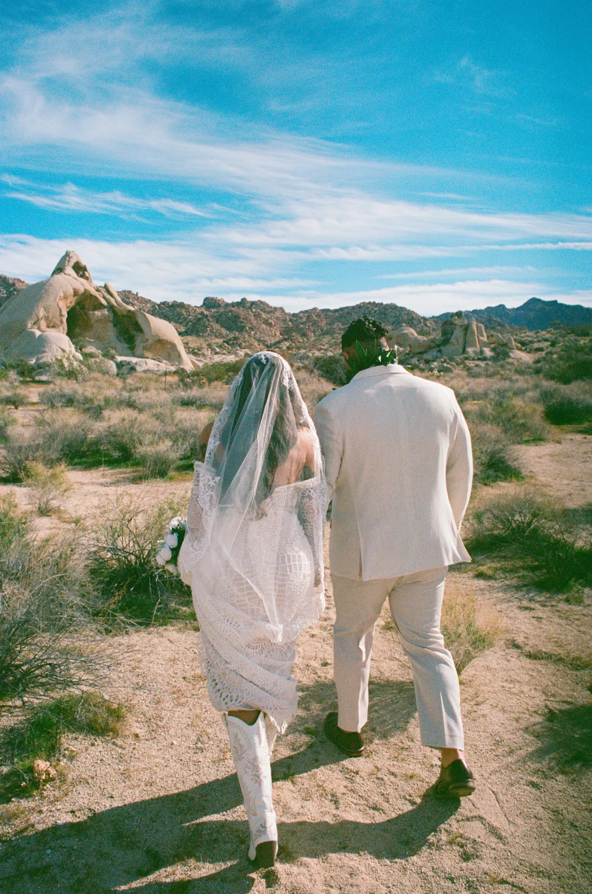 Couple walking into desert, viewed from behind