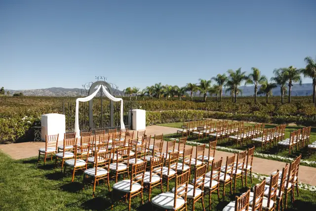 Outdoor wedding ceremony setup overlooking the Temecula hills at Villa de Amore