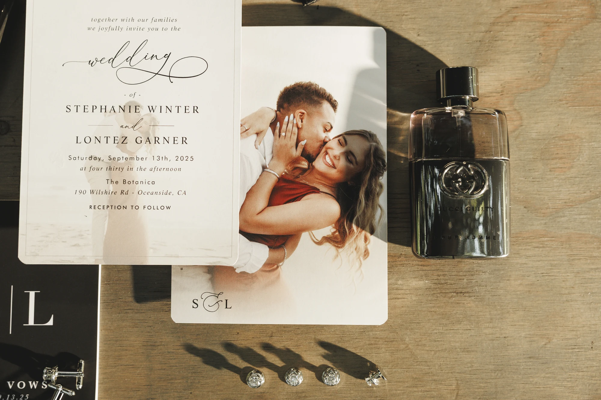 Stephanie and Lontez wedding at Botanica in Oceanside — A flat lay on a garden stone, photograph 3